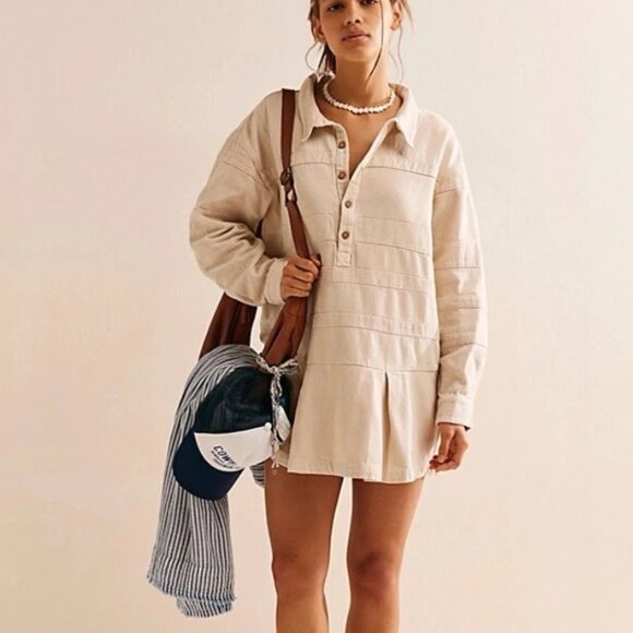 NWT Free People Free-Est Checkin' In Mini Dress Long Sleeve Cotton Neutral - Picture 1 of 16